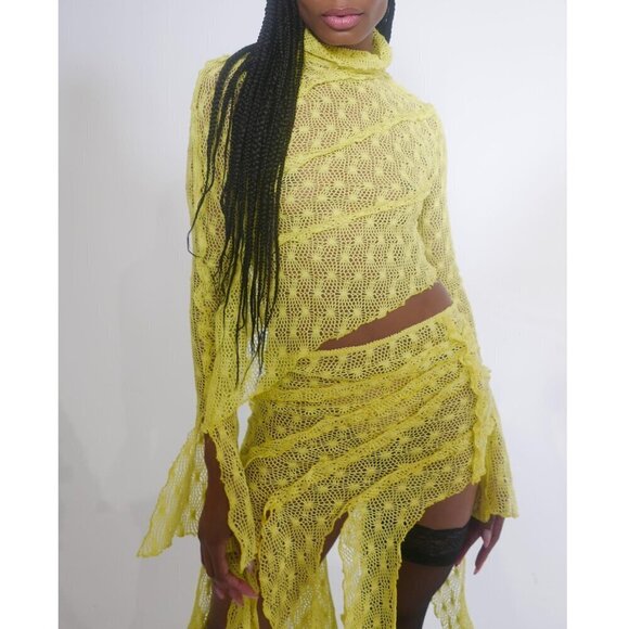 KIM SHUI Exclusive Asymmetrical Sheer Crochet Turtleneck Top Neon Yellow Size S - Picture 3 of 12
